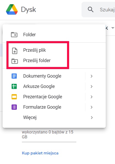 Menu prześlij plik Google